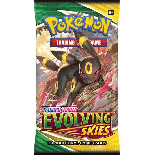 A booster pack of Pokemon TCG titled 'Sword and Shield Evolving Skies' featuring an illustration of a Pokémon in an action pose with vibrant background colors.